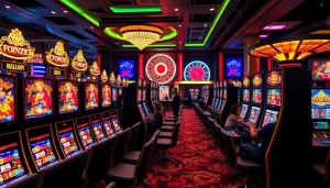 Pemain menikmati permainan Slot Thailand di lingkungan kasino yang elegan dengan mesin-mesin berwarna-warni dan suasana yang hidup.