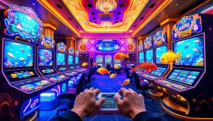 Bắn cá đổi thưởng game interface with colorful fish animations and excited players in a modern casino setting.