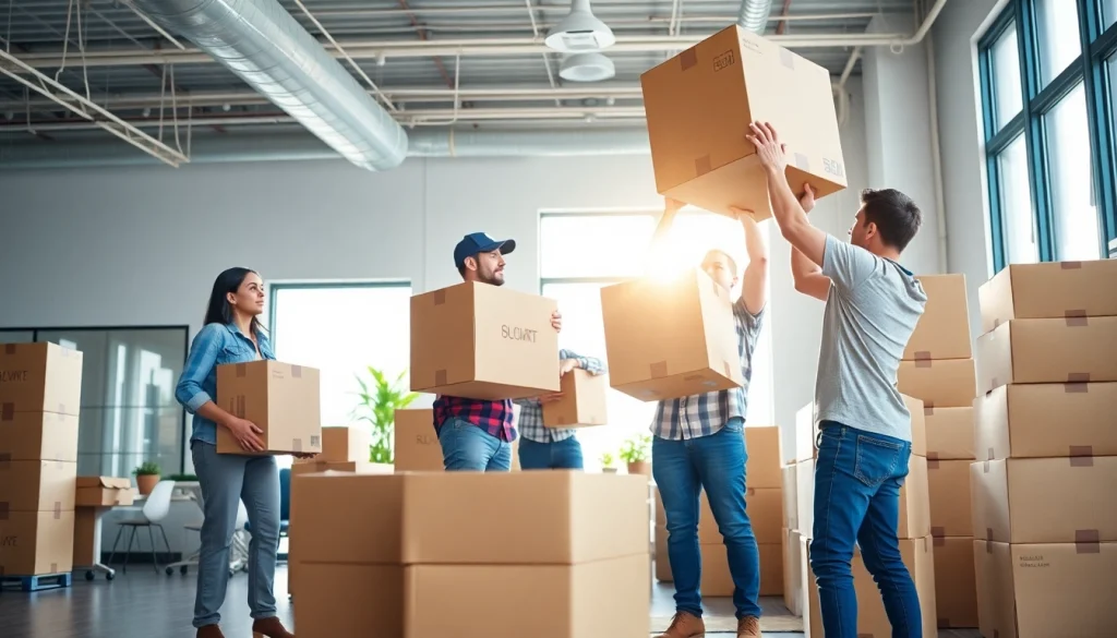 Movers efficiently handling boxes, showcasing organized teamwork with moving companies edmonton.