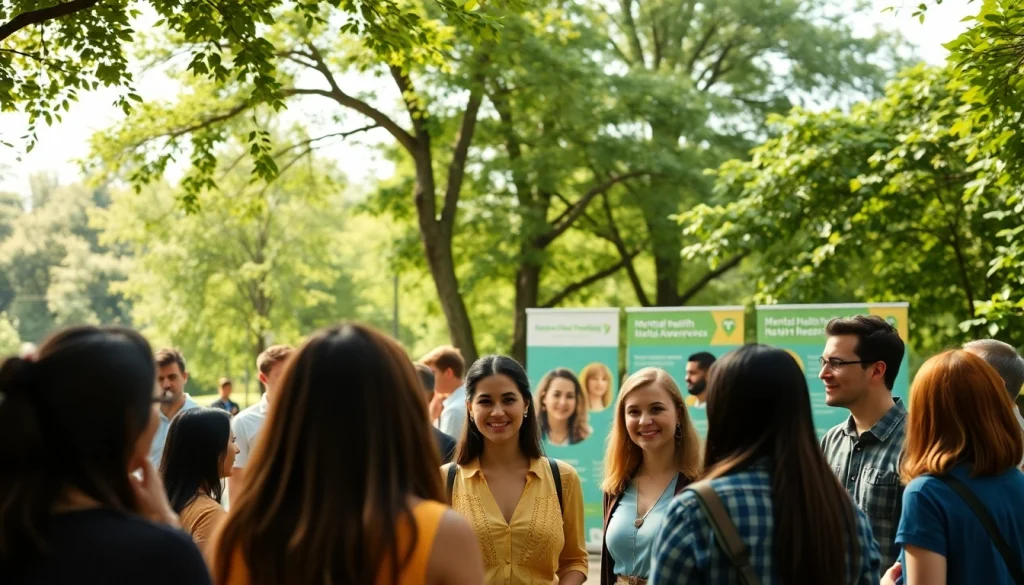 A diverse group engaging in conversations at a mental health awareness event in a park.