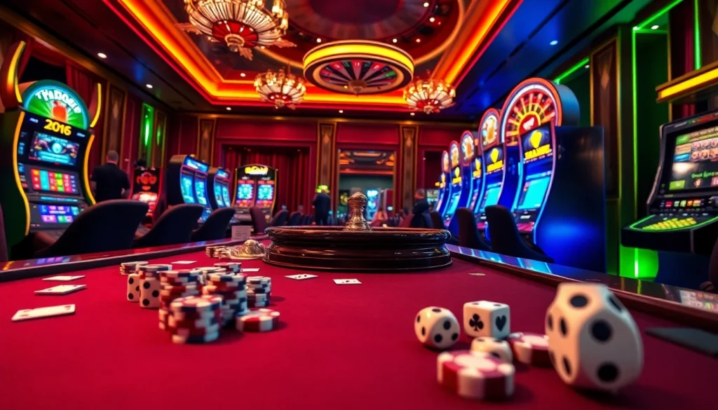 Experience the thrill of an exciting Hay88 casino scene with vibrant slot machines and poker chips.