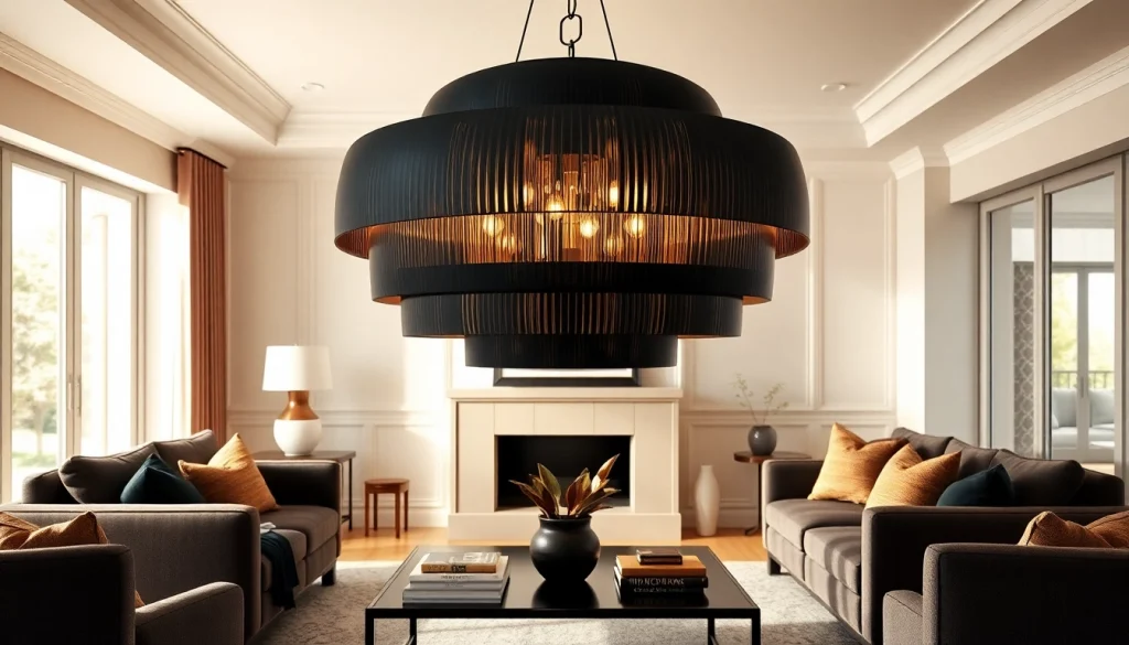 Admiring a stunning black and gold light fixture illuminating a chic living space.