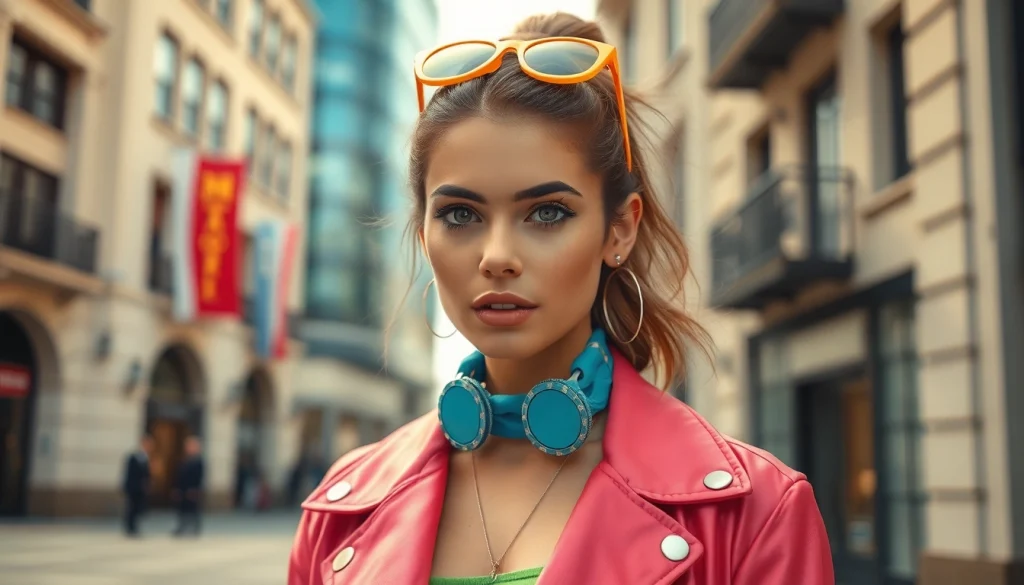 Captivating model embodying Beauty and Style in an urban setting with vibrant colors.