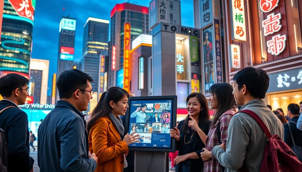 日本のトレンドトピックを分析するシーン、現代的な街並みとディスプレイを含む