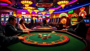 Engaged players enjoying a game of Tài xỉu md5 at a luxurious casino table with vibrant surroundings.