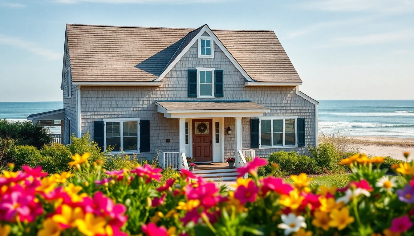 Captivating view of a cape cod home surrounded by flowers and ocean waves.